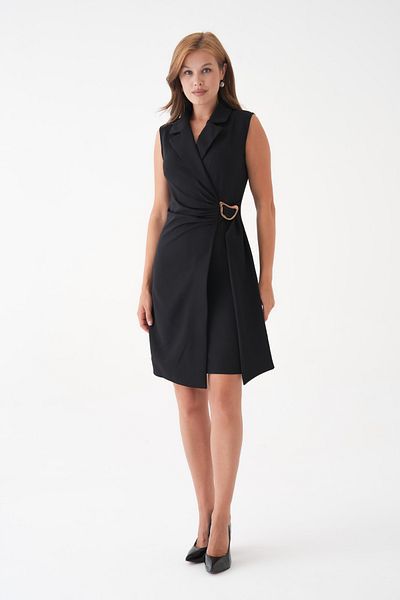 lovebox Women's Crepe Fabric Double Breasted Collar Sash and Accessory Detail Sleeveless Black Mini Jacket Evening Dress 77138