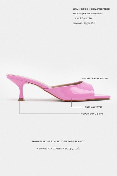 NİŞANTAŞI SHOES Papuci de damă cu toc subțire din piele lacuită Promise Candy Pink