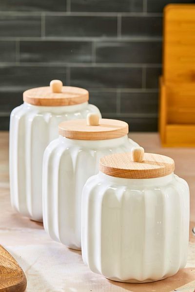 Woodcept Set of 3 Porcelain Star Model Wooden Vacuum Lid Tea, Sugar, Salt, Coffee Storage Jars