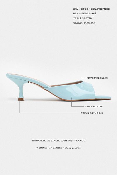 NİŞANTAŞI SHOES Papuci de damă cu toc subțire din piele lacuită Promise Baby Blue