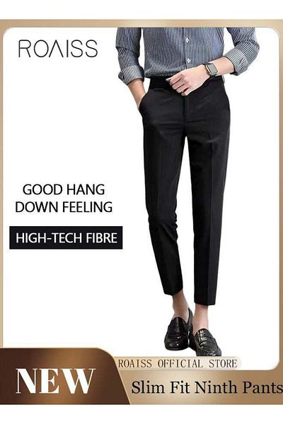 ROAISS Men's Suit Pants Straight-Leg Slacks Cropped Pants with Elastic Waist and Good Hang Down Feeling