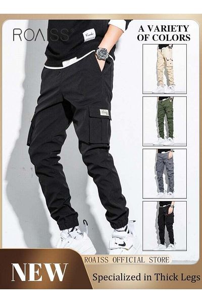 ROAISS Men's Cargo Pants Casual Pants with Elastic Drawstring Suitable for Various Body Types