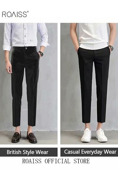 ROAISS Men's Suit Pants Straight-Leg Slacks Cropped Pants with Elastic Waist and Good Hang Down Feeling