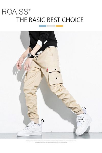 ROAISS Men's Cargo Trendy Pants Casual Jogging Pants Loose Fit Ankle-Tied with Elastic Drawstring