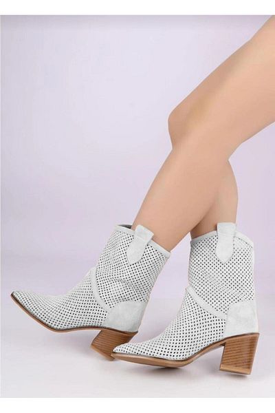 POTEEN Ptn Aisha Γυναικείες καουμπόικες γόβες Western Suede Laser Cut Hollowed Summer Boots-λευκό