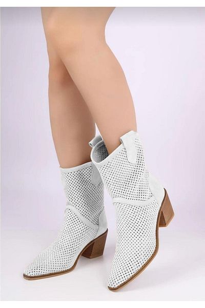 POTEEN Ptn Aisha Γυναικείες καουμπόικες γόβες Western Suede Laser Cut Hollowed Summer Boots-λευκό
