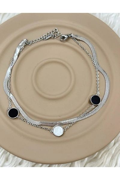AntBls Round Stone Silver Steel Anklet
