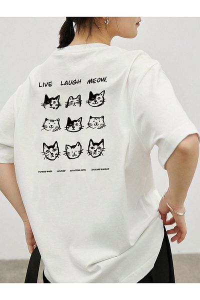 JANSO GROUP Unisex κοντό μπλουζάκι - Live Laugh Meow εμπριμέ βαμβακερό oversize