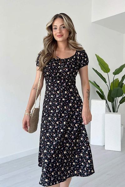 MOZENA Floral Patterned Midi Length Crispy Dress