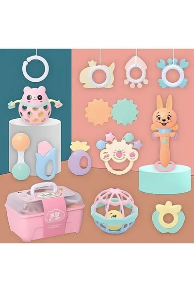 Generic 13-Piece Multi-Shaped Baby Rattle Toy Set With Pink Storage Box