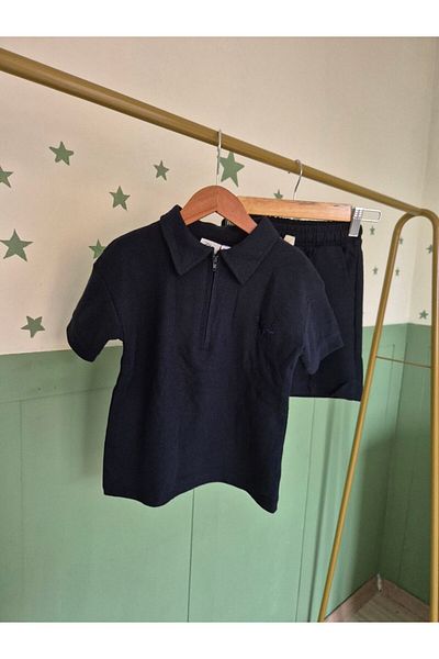 Baby Waffle Fabric Polo Collar Navy Blue Shorts Men's Suit Stylish Casual