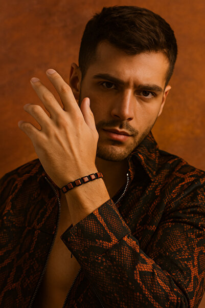 Puffy Men's Macrame Bracelet – Red Jaspis Natural Stone & Black Rope