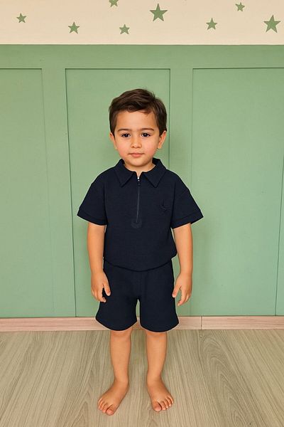 Baby Waffle Fabric Polo Collar Navy Blue Shorts Men's Suit Stylish Casual