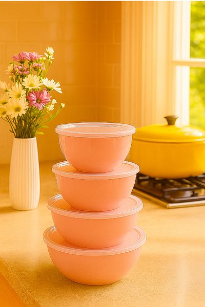 Vienev Set of 4 Round Bowls Pink |   1L, 1.5L, 2.3L, 3.3L |   Multi-Purpose Kitchen Storage Container with Lid