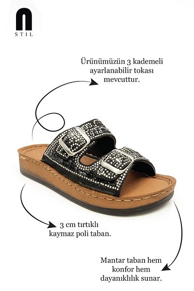 İmerShoes Daily Women's Slippers Double Buckle Stone Bead Detailed Soft Stitched Orthopedic Cork Sole 34155