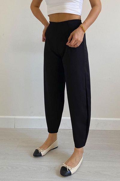 MORE MOSS Pantaloni negri cu talie elastică din lycra, tăiați largi, cu picioare subțiri