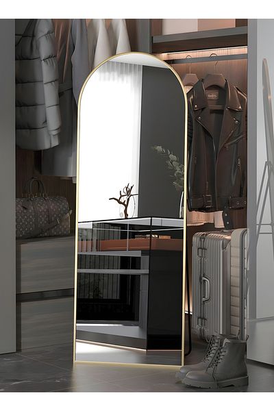 Taimi Large Shatterproof Mirror, 150 X 50 Cm, Elegant Design, Gold Metal Frame And Back Stand