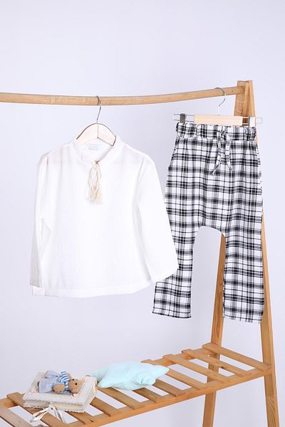 Babyhola Cotton Blouse Plaid Trousers Girl's Loose Suit 1153