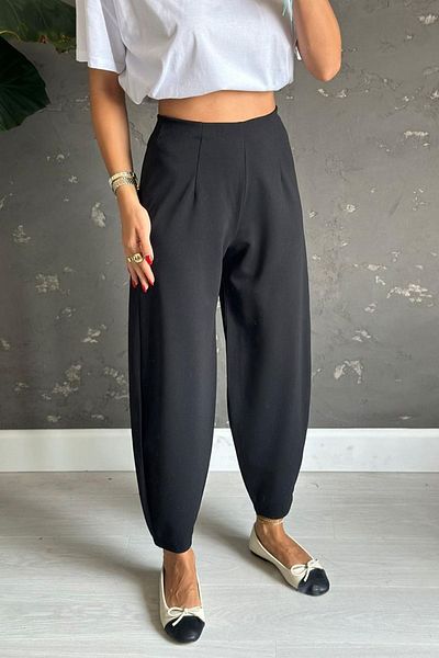 MORE MOSS Pantaloni negri cu talie elastică din lycra, tăiați largi, cu picioare subțiri