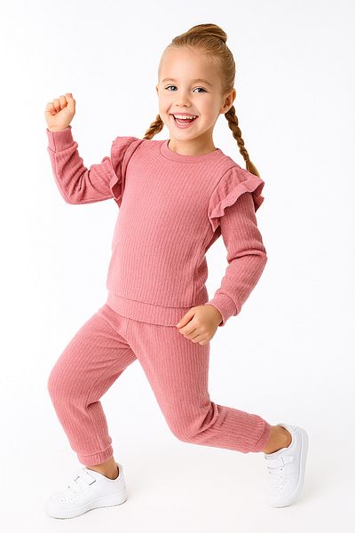 minikiss Cotton Ruffled Shoulder Tracksuit Bottom Top Girl's Two-Piece Set