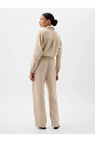 GAP Kadın Bej Mid Rise Gauze Wide-Leg Pull-On Pantolon