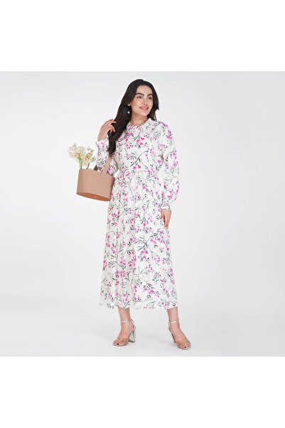 LINELLE فستان ماكسي أبيض من الرايون مزين بالزهور - رقبة عالية مع أساور مرنة، ...