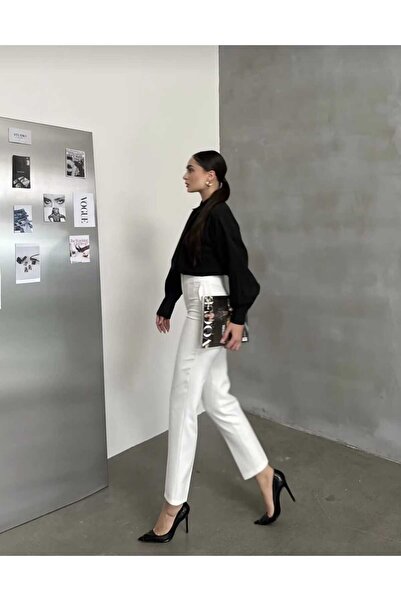 LİMABEL Women's Black Flare Leg Fabric High Waist Trousers