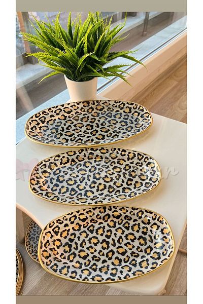 PONCİKPAZAR Leopard Patterned Boat Plate - 3 Pieces