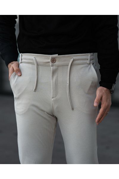ManKlas Jagger Men's Trousers Lycra Lacing Detail Classic Men's Beige Jogger Fabric Trousers