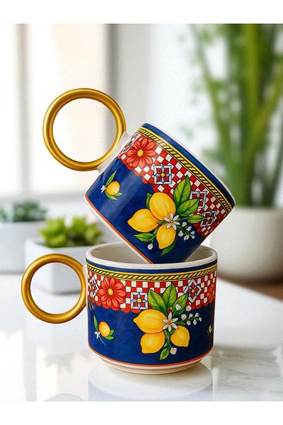 Yumuk Shop Set of 2 Luxury Lemoon Pattern Mug 250 ml