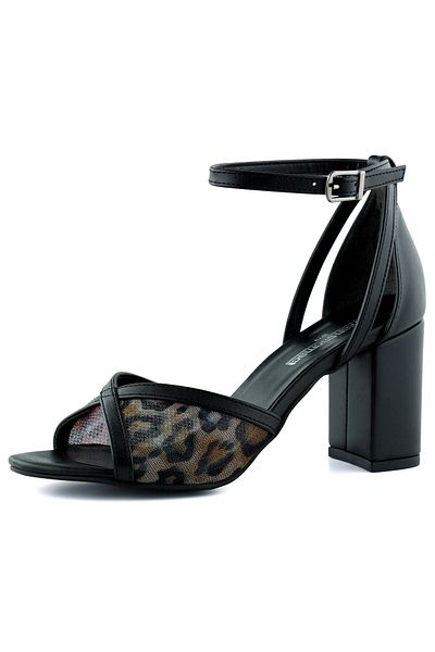 Erkan Saçmacı Charlotte Black Leopard Cross Strap Mesh Toc gros Pantofi de seară eleganti