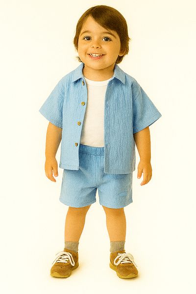 minibambi Set de 3 piese cămașă, tricou și pantaloni scurți cu textura albastră de sezon nou