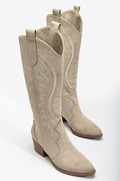 MS SUGAR SHOES Γυναικείες μπότες Western Cowboy Cowgirl με κέντημα από ψεύτικο σουέντ μπεζ