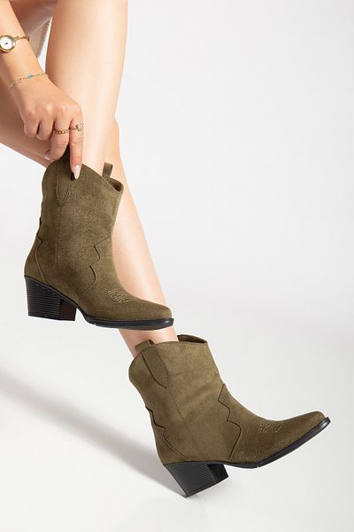 MS SUGAR SHOES Γυναικείες κοντές μπότες Western Cowboy με κέντημα από ψεύτικο σουέντ χακί