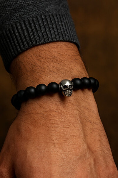 Puffy Hematite Natural Stone Skull Detailed Men's Bracelet
