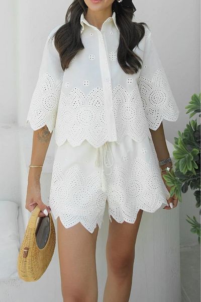 Suzi Shirt Collar Beige Color Scallop Detailed Shirt Shorts Set M38374