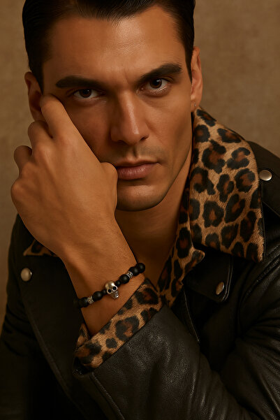 Puffy Hematite Natural Stone Skull Detailed Men's Bracelet