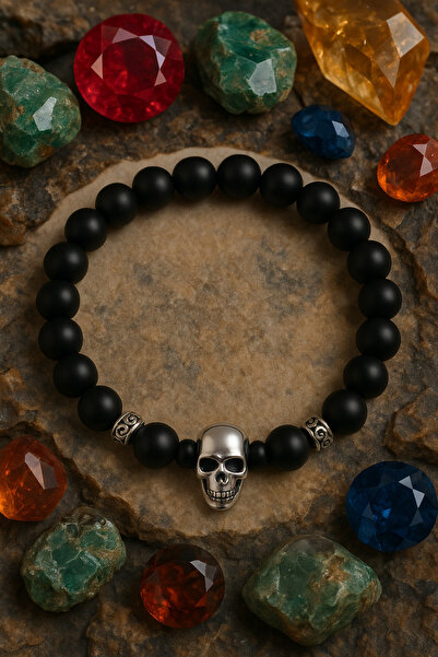 Puffy Hematite Natural Stone Skull Detailed Men's Bracelet