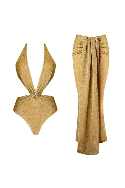 DESİGNEDBYD Kadın Metal Aksesuarlı Mayo+pareo Etek Takım 2 Parça Up Set Bodysuit Plaj Moda