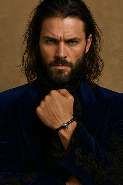 Puffy Hematite Natural Stone Skull Detailed Men's Bracelet