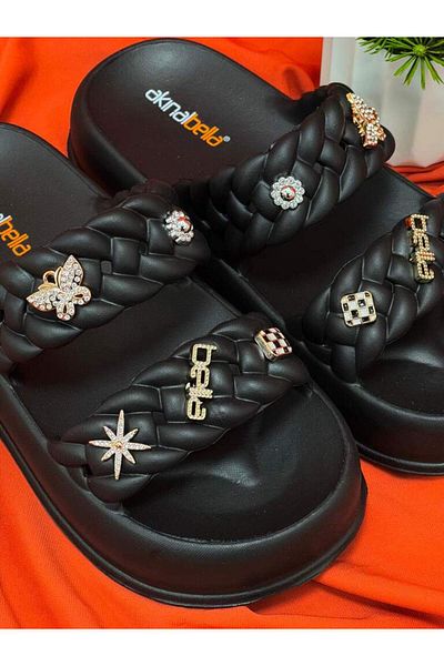 Akınal Bella Akinal Bella E423 Black Double Striped Stylish Modern Special Design Orthopedic Slippers