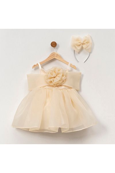 melek golden Dress Princess Girl Child |   1-9 Years |   Color Options |   Ribbon & Rose Detail |   Karolin - Satin