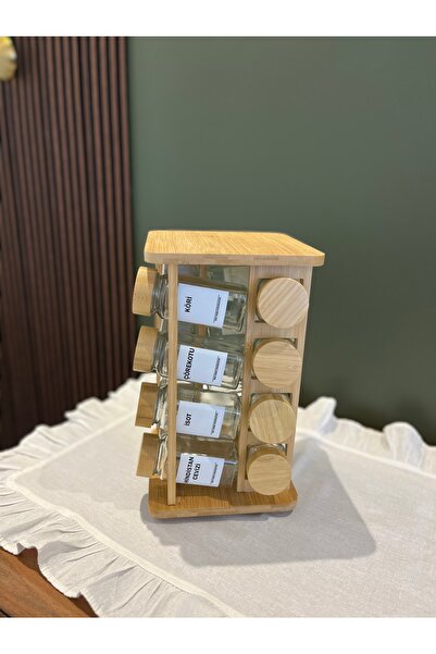 Sade Hediye Kare Minimal Bambu 360 Döner Standlı Cam Baharatlık Seti