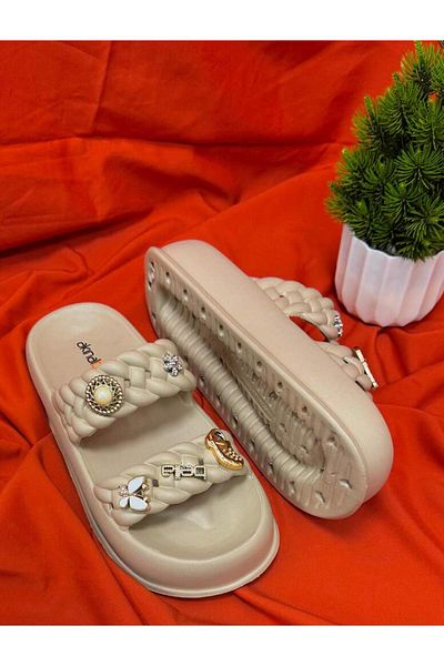 Akınal Bella Akinal Bella E423 Color Beige Double Striped Stylish Modern Special Design Orthopedic Slippers