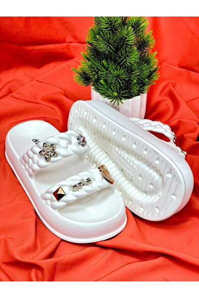 Akınal Bella Akinal Bella E423 White High Sole Beach Pool Sea Garden Slippers Suitable for Daily Use