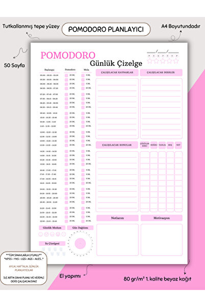 Else Craft Pomodoro Planlayıcı - A4 - Dikey - Ders Çalışma Planlayıcısı Notepad - Pembe No 3.04
