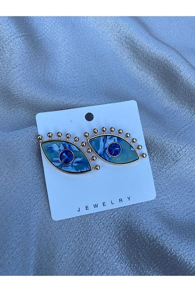 marsel aksesuar Marble Pattern Eyelash Eye Blue Earrings