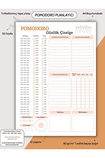 Else Craft Pomodoro Planlayıcı - A4 - Dikey - Ders Çalışma Planlayıcısı Notep...