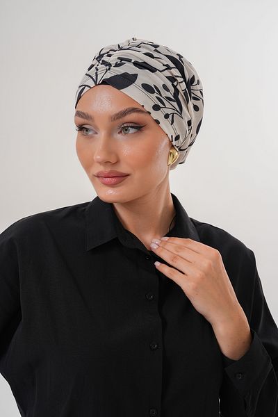MAG FASHİON Beige Patterned Hijab Bonnet Daily Use Sports Bonnet Practical Shawl