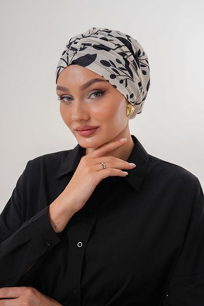MAG FASHİON Beige Patterned Hijab Bonnet Daily Use Sports Bonnet Practical Shawl
